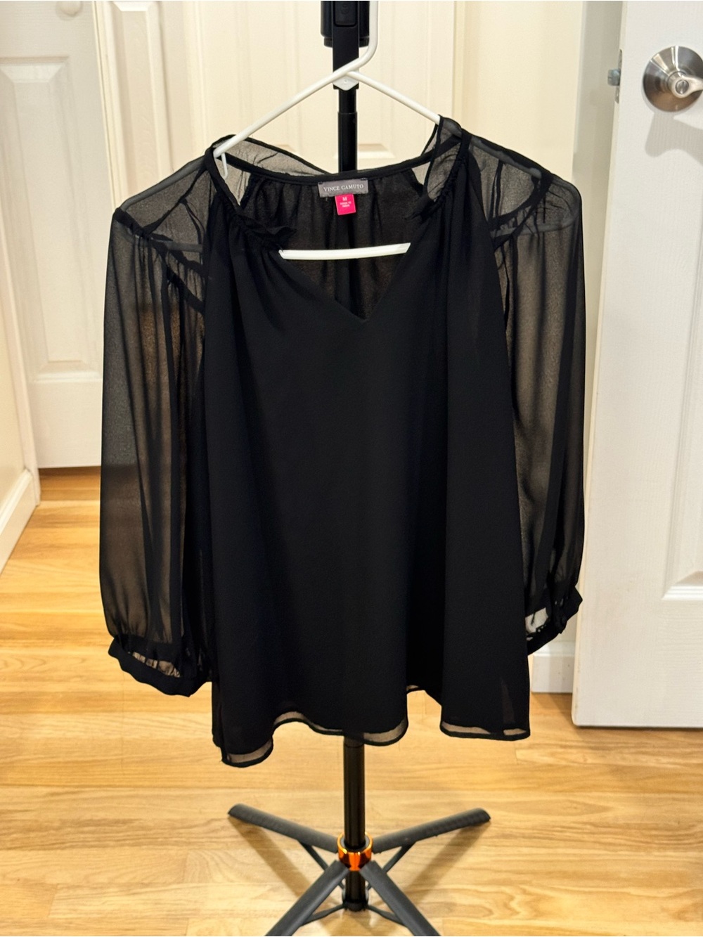 Vince Sheer-Sleeve Black V-Neck Blouse